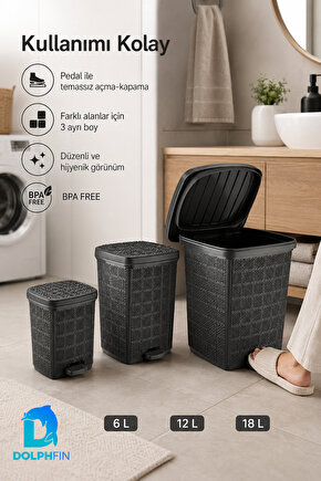 Jute 3’lü Pedallı Çöp Kovası Seti Kapaklı Büyük Boy Plastik Banyo Mutfak Ofis Atık Kovası