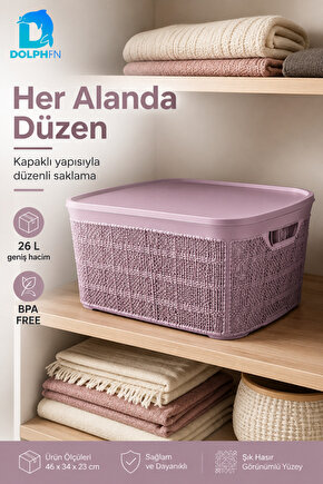 Jute Kapaklı Saklama Kutusu 26 L Plastik Mutfak Kiler Dolap İçi Organizer 46x34x23 cm