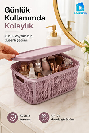 Jute Kapaklı Saklama Kutusu 5 L Plastik Mutfak Kiler Dolap İçi Organizer