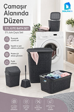 Jute Çeyiz Seti 5’li Plastik Banyo Mutfak Dolap İçi Düzenleyici Sepet Çöp Kovası Klozet Fırçası Seti