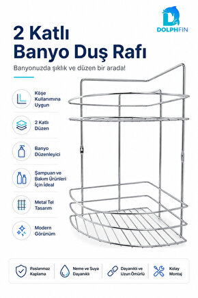 2 Katlı Gümüş Banyo Duş Rafı Metal Köşe Şampuanlık Sabunluk Banyo Düzenleyici Raf