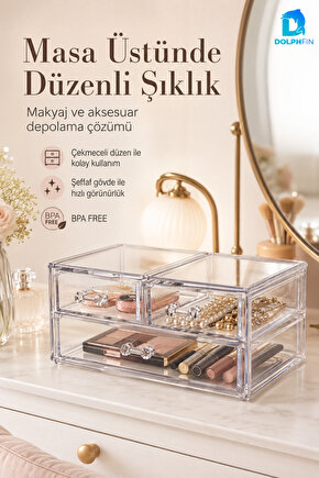 3 Çekmeceli Şeffaf Kozmetik Organizer Makyaj Takı Ruj Oje Pamuk Düzenleyici