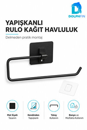 Yapışkanlı Rulo Kağıt Havluluk Mat Siyah Delmeden Montajlı Mutfak Banyo Havlu Askısı