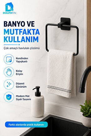 Yapışkanlı Kare Havluluk Mat Siyah Delmeden Montajlı Banyo Mutfak Havlu Askısı