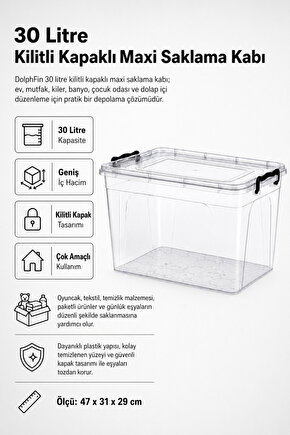 30 Litre Kilitli Kapaklı Maxi Saklama Kabı Çok Amaçlı Düzenleyici Kutu