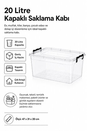 20 Litre Kapaklı Maxi Saklama Kabı Çok Amaçlı Düzenleyici Kutu