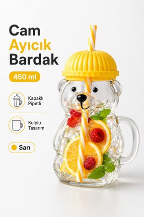 Sihirli Cam Ayıcık Bardak 450 ml Kapaklı Pipetli Cam Kupa Ayı Figürlü İçecek Bardağı