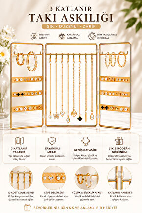 Katlanabilir Metal Takı Organizeri 3 Panelli Gold Küpelik Kolye Askılığı Bileklik ve Yüzük Düzenleyici