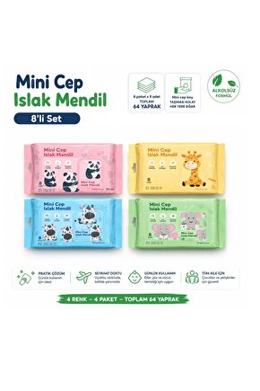 Mini Cep Islak Mendil 4’lü Set 64 Yaprak Alkolsüz Hassas Ciltler İçin Karışık Desenli