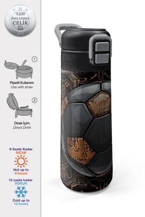 Kids Futbol Desenli Pipetli ve Direkt İçim Çelik Termos 500 ml 38117