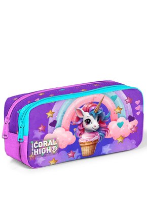 Mor Pembe Unicorn Dondurma Desenli Iki Bölmeli Kalem Çantası 12095