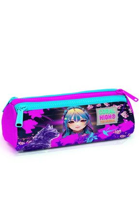 Kids Mor Pembe Anime Kedi Desenli Üç Bölmeli Kalem Çantası 22053