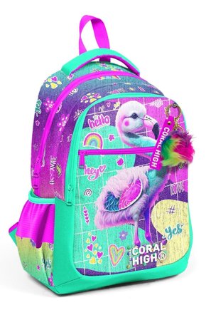 Kids Pembe Su Yeşili Flamingo Desenli Üç Bölmeli Okul Sırt Çantası 23647