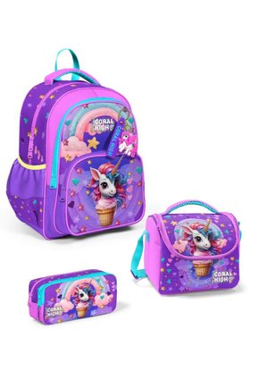 GOSHOPYA Mor Pembe Unicorn Dondurma Desenli 3’lü Okul Çanta Seti GOSET0114421