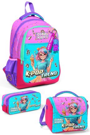 Kids Pembe Turkuaz K-Pop Desenli 3 lü Okul Çanta Seti SET0114427