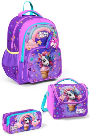 Kids Mor Pembe Unicorn Dondurma Desenli 3 lü Okul Çanta Seti SET0114421