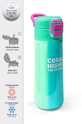 Kids Renkli Çizgili Pipetli ve Direkt İçim Çelik Termos 500 ml 31844