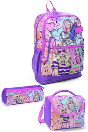 YAYGAN Coral High Kids Pembe Mor Fashion Girl Desenli 3’lü Okul Çanta Seti 23755-MİX3