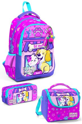 Kids Kedi Köpek Desenli Üç Bölmeli  3lü Set Çanta