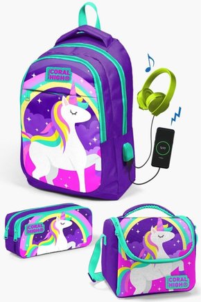 Kids Mor Su Yeşili Unicorn Desenli Usbli 3’lü Okul Çanta Seti SET0123415