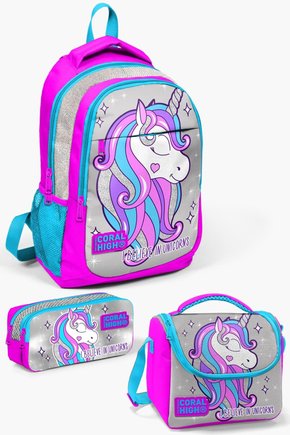 Kids Pembe Gümüş Simli Unicorn Desenli 3’lü Okul Çanta Seti SET0114383