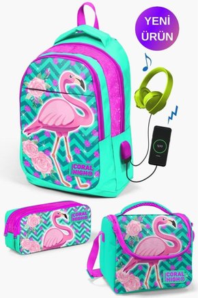 Su Yeşili Pembe Simli Flamingo Desenli Usbli 3’lü Okul Çanta Seti GOSET0123411