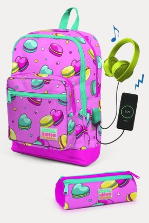 Kids Açık Pembe Su Yeşili Makaron Desenli Usbli 2li Okul Çanta Seti - Kız Çocuk
