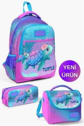 Kids Açık Pembe Mavi Kaplumbağa Desenli 3’lü Okul Çanta Seti GOSET0123497