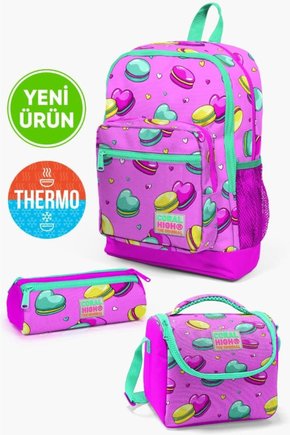 Kids Açık Pembe Su Yeşili Makaron Desen Kalemlik,Beslenme,3lü Okul Çanta Set GOSET0123462