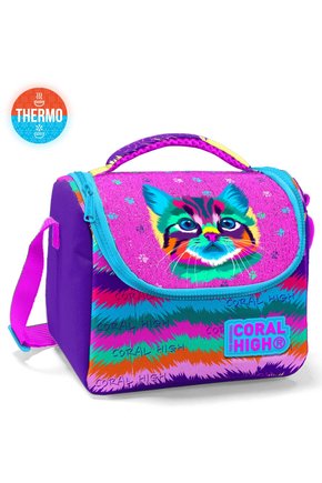 Kids Mor Pembe Kedi Desenli Thermo Beslenme Çantası İlköğretim Beslenme Çantası