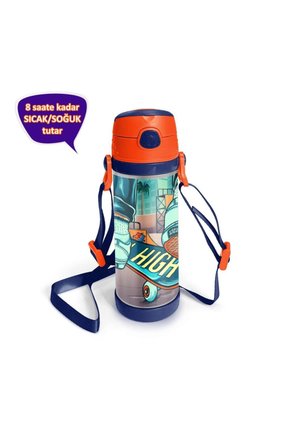 Kids Çivit Neon Turuncu Kaykay Desenli Pipetli Çelik Termos 500 ml 11923