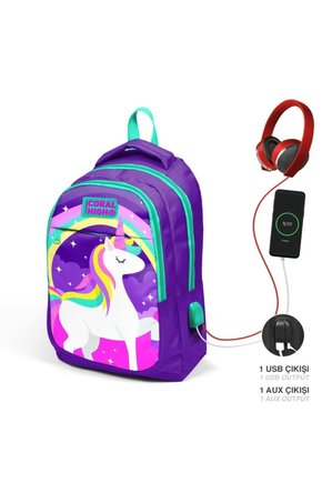 Kids Mor Su Yeşili Unicorn Desenli Üç Bölmeli Usb Şarjlı Kulaklık Çıkışlı Okul Sırt Çanta