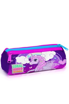Kids Mor Pembe Unicorn Desenli Üç Bölmeli Kalem Çantası
