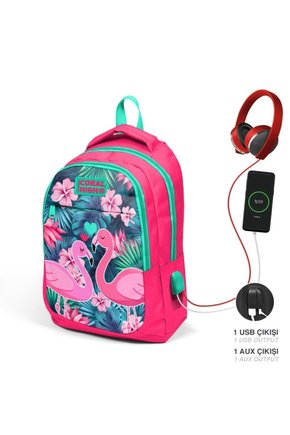 Kids Neon Mercan Su Yeşili Flamingo Desenli Üç Bölmeli Usb Şarjlı Kulaklık Çıkışlı Okul S