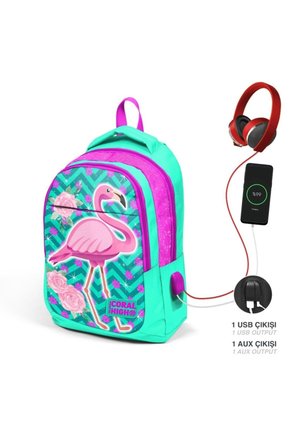 Kids Su Yeşili Pembe Simli Flamingo Desenli Üç Bölmeli Usb Şarjlı Kulaklık Çıkışlı Okul S