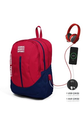 Sport Kırmızı Lacivert Dört Bölmeli Usb Şarjlı Kulaklık Çıkışlı Sırt Çantası 23447