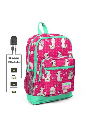 Kids Neon Mercan Su Yeşili Alpaka Desenli Dört Bölmeli Usbli Okul Sırt Çantası 23268