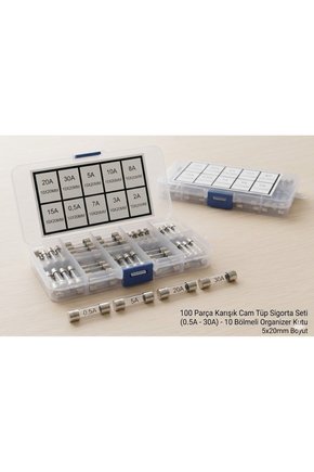 100 Parça 5x20mm Karışık Cam Tüp Sigorta Seti (0.5A - 30A) Organizer Kutulu Devre Koruyucu
