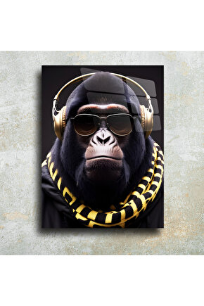 Kulaklıklı Goril Cam Tablo Duvar Dekoru