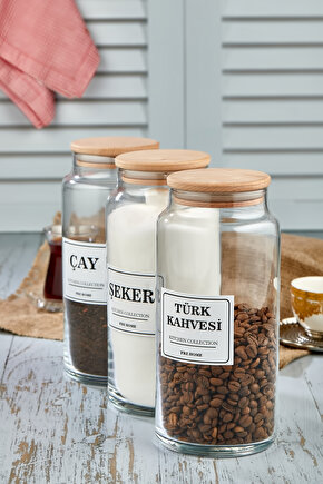 3lü  Ahşap Kapaklı Çay & Türk Kahvesi & Şeker Saklama Kabı 1300 Ml Cam Kavanoz