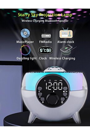 Işıklı Bluetooth Hoparlör Ortam Aydınlatmalı 15W Kablosuz Şarj Cihazı Starry Gece Lambası Çalar Saat