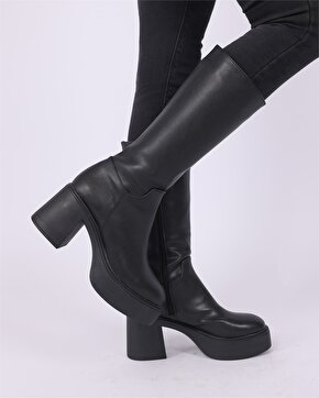 Kadın Platform Topuklu Fermuarlı Çizme - Siyah