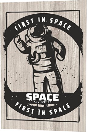 Uzaydaki Astronot Ahşap Desenli Retro Vintage Ahşap Poster