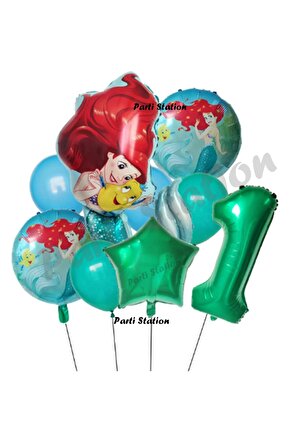 Deniz Kızı Ariel 1 Yaş Yeşil Renk Balon Set Little Mermaid Balloon Deniz Kızı Ariel Doğum Günü Set