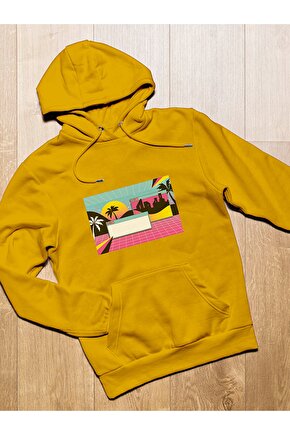 Vapor Wave Pc Design Baskılı Tasarım 3 Iplik Kalın Sarı Hoodie Sweatshirt