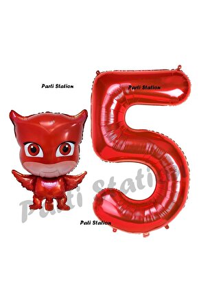 Pijamaskeliler Baykuş Kız Balon 5 Yaş Doğum Günü Set PjMasks Konsept Balon ve Kırmızı Rakam Balon