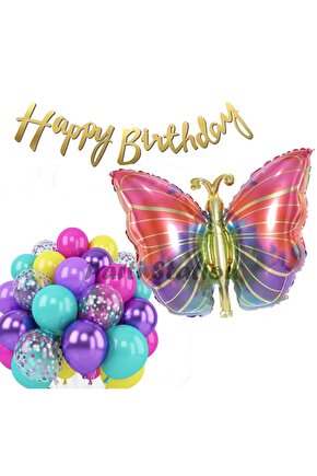 Rengarenk Kelebek Balon Set Colorfull Butterfly Gökkuşağı Konsept Parti Doğum Günü Balon Seti