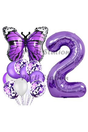 Mor Kelebek Konsept 2 Yaş Balon Set Butterfly Kelebek Mor Rakam Balon Parti Doğum Günü Balon Set