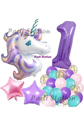 Mor Rakam Balonlu Unicorn Konsept 1 Yaş Doğum Günü Balon Set Mor Unicorn Tema Folyo Balon Set
