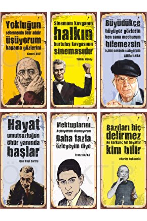 Ahmet Arif, Yılmaz Güney, Attila Ilhan, Sartre, Kafka, Bukowski 6lı Mini Retro Ahşap Poster Seti